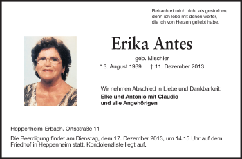 Traueranzeige von Erika Antes von Starkenburger Echo