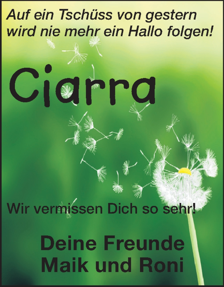  Traueranzeige für Ciarra Joi Rhodes vom 14.12.2013 aus Echo-Zeitungen (Gesamtausgabe)