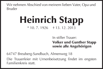 Traueranzeige von Heinrich Stapp von Odenwälder Echo