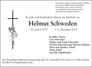 Traueranzeige von Helmut Schweden von Starkenburger Echo