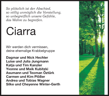 Traueranzeige von Ciarra  von Rüsselsheimer Echo, Groß-Gerauer-Echo, Ried Echo