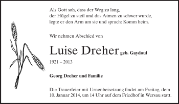 Traueranzeige von Luise Dreher von Odenwälder Echo
