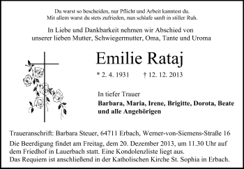 Traueranzeige von Emilie Rataj von Odenwälder Echo