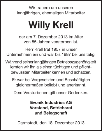 Traueranzeige von Willy Krell von Echo-Zeitungen (Gesamtausgabe)