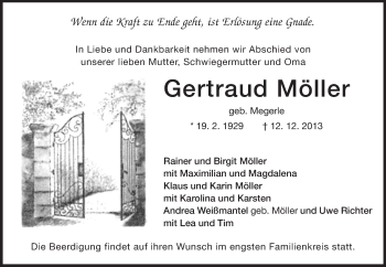 Traueranzeige von Gertraud Möller von Darmstädter Echo, Odenwälder Echo, Rüsselsheimer Echo, Groß-Gerauer-Echo, Ried Echo