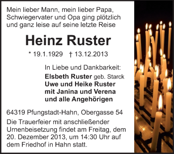 Traueranzeige von Heinz Ruster von Echo-Zeitungen (Gesamtausgabe)