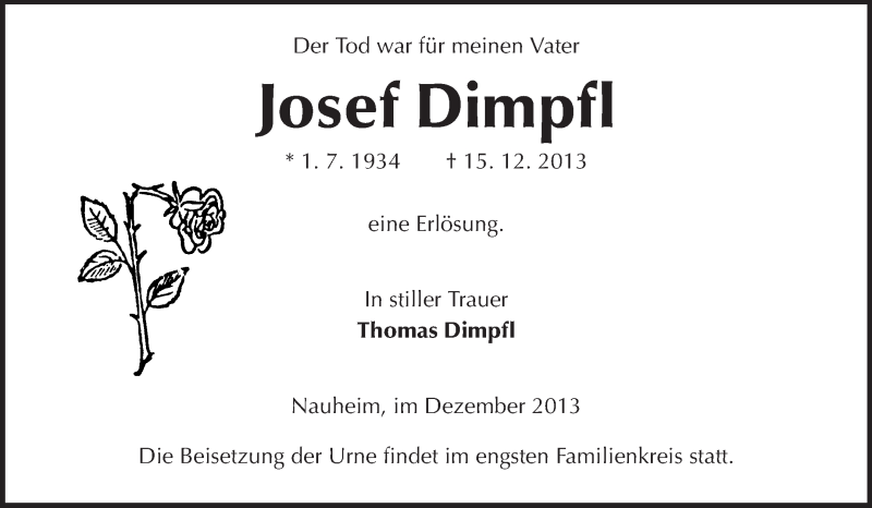  Traueranzeige für Josef Dimpfl vom 18.12.2013 aus Rüsselsheimer Echo, Groß-Gerauer-Echo, Ried Echo