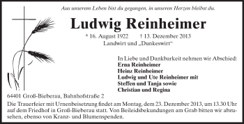 Traueranzeige von Ludwig Reinheimer von Echo-Zeitungen (Gesamtausgabe)