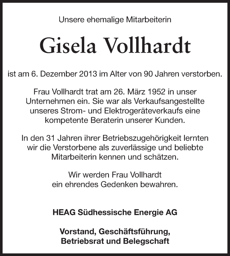  Traueranzeige für Gisela Vollhardt vom 21.12.2013 aus Echo-Zeitungen (Gesamtausgabe)