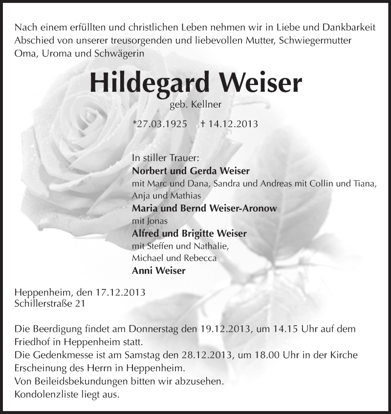  Traueranzeige für Hildegard Weiser vom 17.12.2013 aus Starkenburger Echo, Bergsträßer Anzeiger