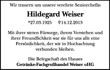 Traueranzeige von Hildegard Weiser von Starkenburger Echo, Bergsträßer Anzeiger