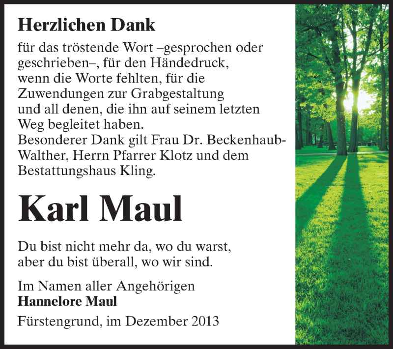  Traueranzeige für Karl Maul vom 21.12.2013 aus Echo-Zeitungen (Gesamtausgabe)