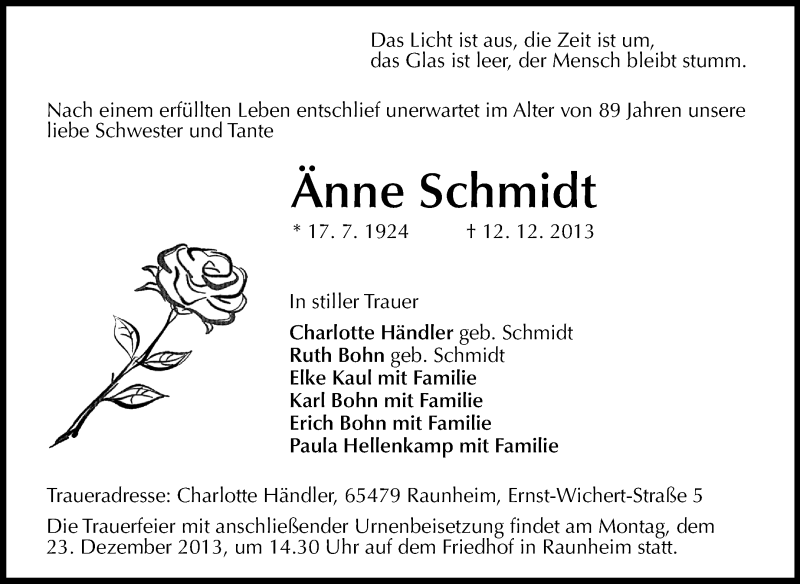  Traueranzeige für Änne Schmidt vom 18.12.2013 aus Rüsselsheimer Echo, Groß-Gerauer-Echo, Ried Echo