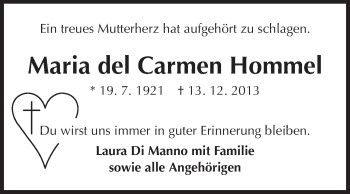 Traueranzeige von Maria del Carmen Hommel von Echo-Zeitungen (Gesamtausgabe)