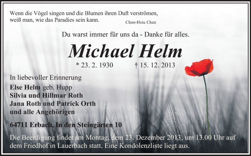  Traueranzeige für Michael Helm vom 19.12.2013 aus Odenwälder Echo