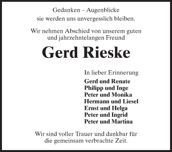 Traueranzeige von Gerd Rieske von Echo-Zeitungen (Gesamtausgabe)