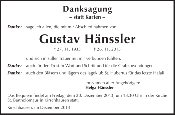 Traueranzeige von Gustav Hänssler von Starkenburger Echo