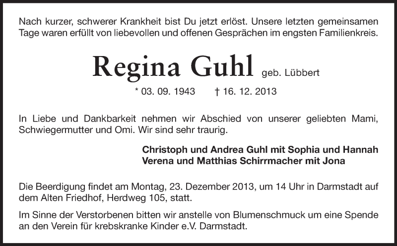  Traueranzeige für Regina Guhl vom 18.12.2013 aus Echo-Zeitungen (Gesamtausgabe)