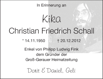 Traueranzeige von Christian Friedrich Schall von Echo-Zeitungen (Gesamtausgabe)