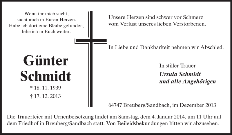  Traueranzeige für Günter Schmidt vom 21.12.2013 aus Odenwälder Echo