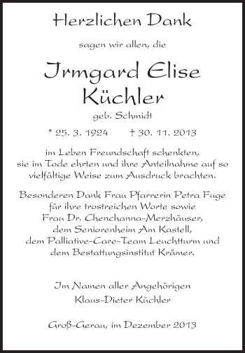 Traueranzeige von Irmgard Elise Küchler von Rüsselsheimer Echo, Groß-Gerauer-Echo, Ried Echo