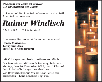 Traueranzeige von Rainer Windisch von Odenwälder Echo