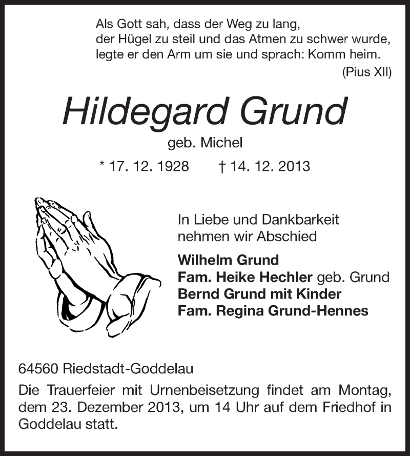 Traueranzeige für Hildegard Grund vom 20.12.2013 aus Rüsselsheimer Echo, Groß-Gerauer-Echo, Ried Echo
