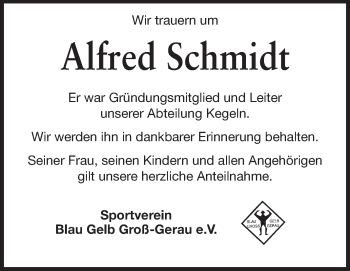 Traueranzeige von Alfred Schmidt von Rüsselsheimer Echo, Groß-Gerauer-Echo, Ried Echo