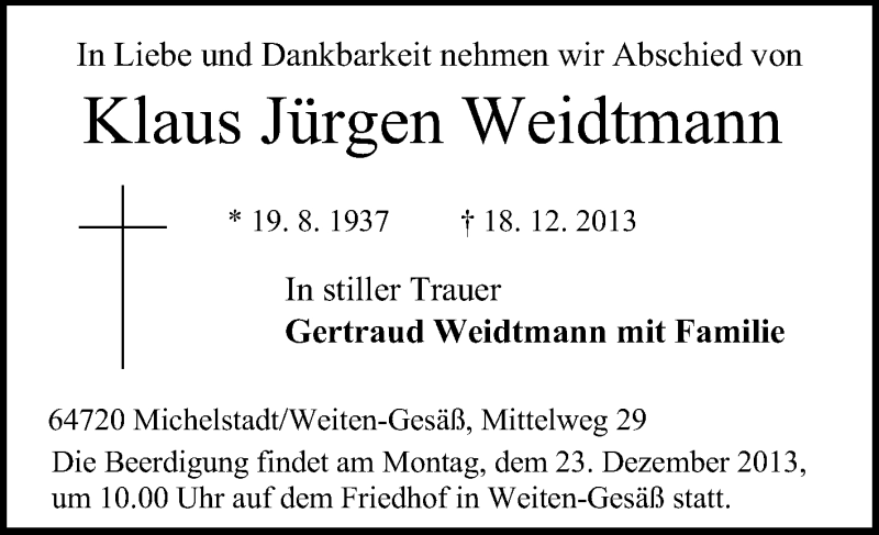 Traueranzeige für Klaus Jürgen Weidtmann vom 21.12.2013 aus Odenwälder Echo