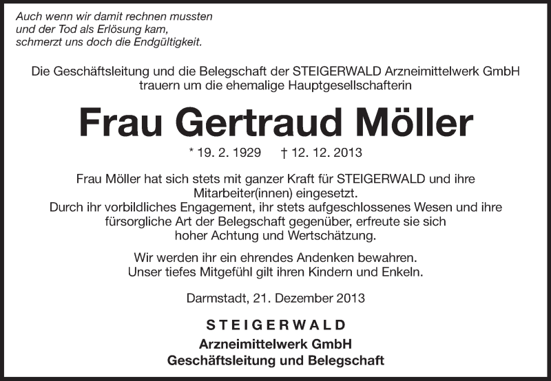  Traueranzeige für Gertraud Möller vom 21.12.2013 aus Echo-Zeitungen (Gesamtausgabe)