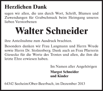 Traueranzeige von Walter Schneider  von Echo-Zeitungen (Gesamtausgabe)