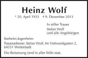 Traueranzeige von Heinz Wolf von Echo-Zeitungen (Gesamtausgabe)