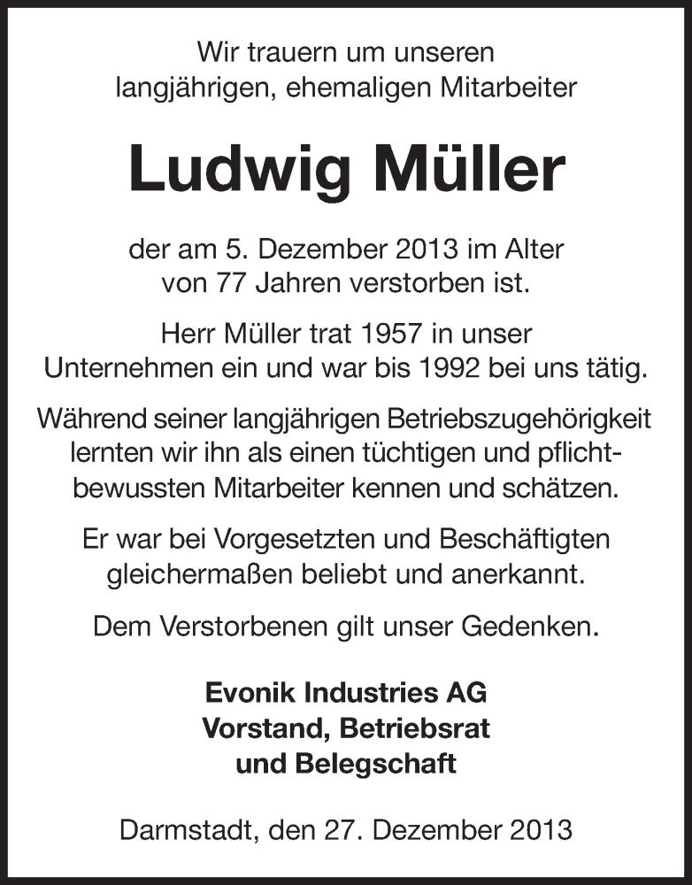  Traueranzeige für Ludwig Müller vom 27.12.2013 aus Echo-Zeitungen (Gesamtausgabe)