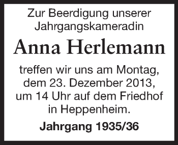 Traueranzeige von Anna Herlemann von Starkenburger Echo