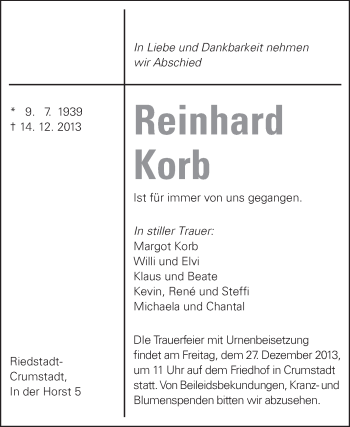 Traueranzeige von Reinhard Korb von Rüsselsheimer Echo, Groß-Gerauer-Echo, Ried Echo