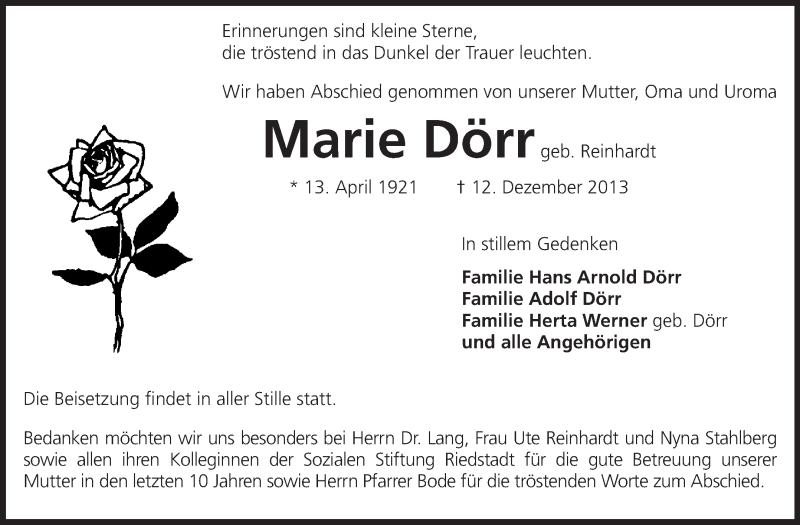  Traueranzeige für Marie Dörr vom 21.12.2013 aus Rüsselsheimer Echo, Groß-Gerauer-Echo, Ried Echo