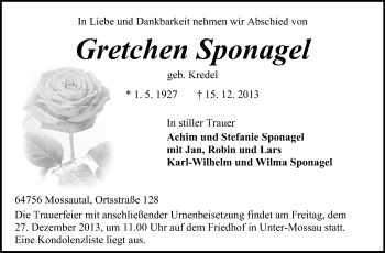 Traueranzeige von Gretchen Sponagel von Odenwälder Echo