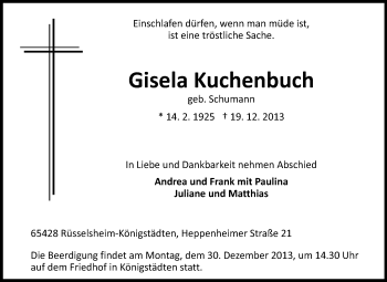 Traueranzeige von Gisela Kuchenbuch von Rüsselsheimer Echo, Groß-Gerauer-Echo, Ried Echo
