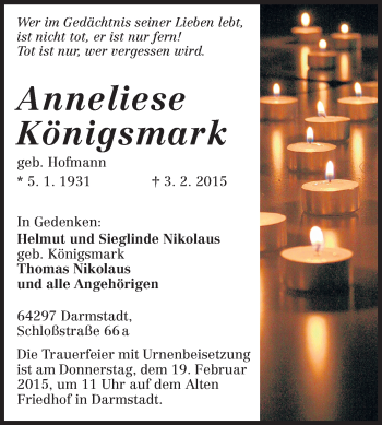 Traueranzeige von Anneliese Königsmark von Darmstädter Echo