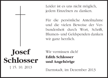 Traueranzeige von Josef Schlosser von Echo-Zeitungen (Gesamtausgabe)