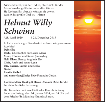 Traueranzeige von Helmut Willy Schwinn von Odenwälder Echo