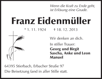 Traueranzeige von Franz Eidenmüller von Odenwälder Echo
