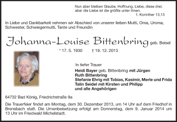 Traueranzeige von Johanna-Louise Bittenbring von Odenwälder Echo