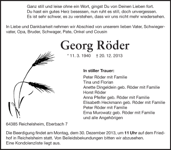 Traueranzeige von Georg Röder von Odenwälder Echo