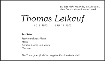 Traueranzeige von Thomas Leikauf von Rüsselsheimer Echo, Groß-Gerauer-Echo, Ried Echo