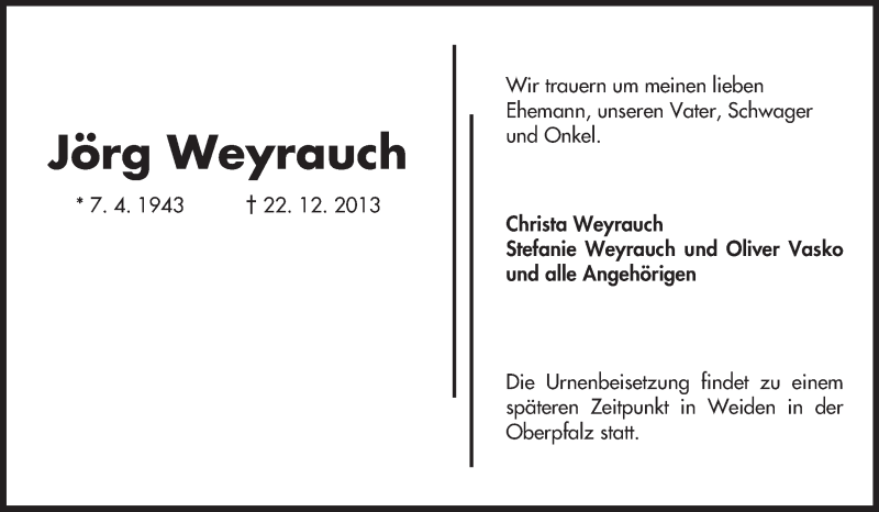  Traueranzeige für Joerg Weyrauch vom 28.12.2013 aus Echo-Zeitungen (Gesamtausgabe)