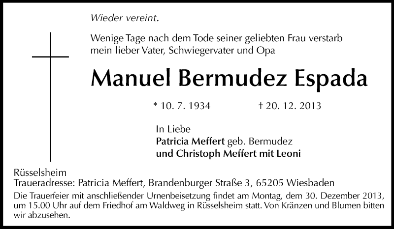 Traueranzeige für Manuel Bermudez Espada vom 24.12.2013 aus Rüsselsheimer Echo, Groß-Gerauer-Echo, Ried Echo