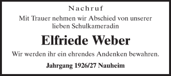 Traueranzeige von Elfriede Weber von Rüsselsheimer Echo, Groß-Gerauer-Echo, Ried Echo