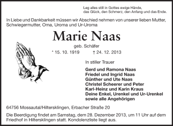 Traueranzeige von Marie Naas von Odenwälder Echo