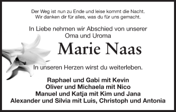 Traueranzeige von Marie Naas von Odenwälder Echo